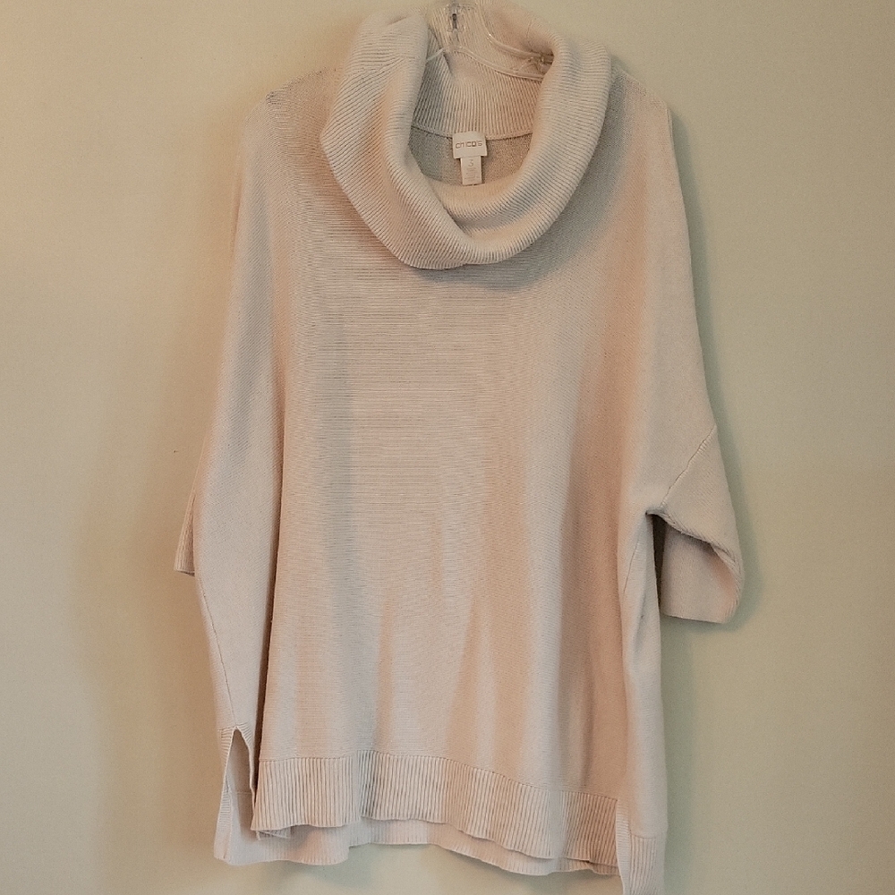 Chicos Beige Cowl Neck Poncho Sweater Silk Blend Size 3 Large XL Elbow